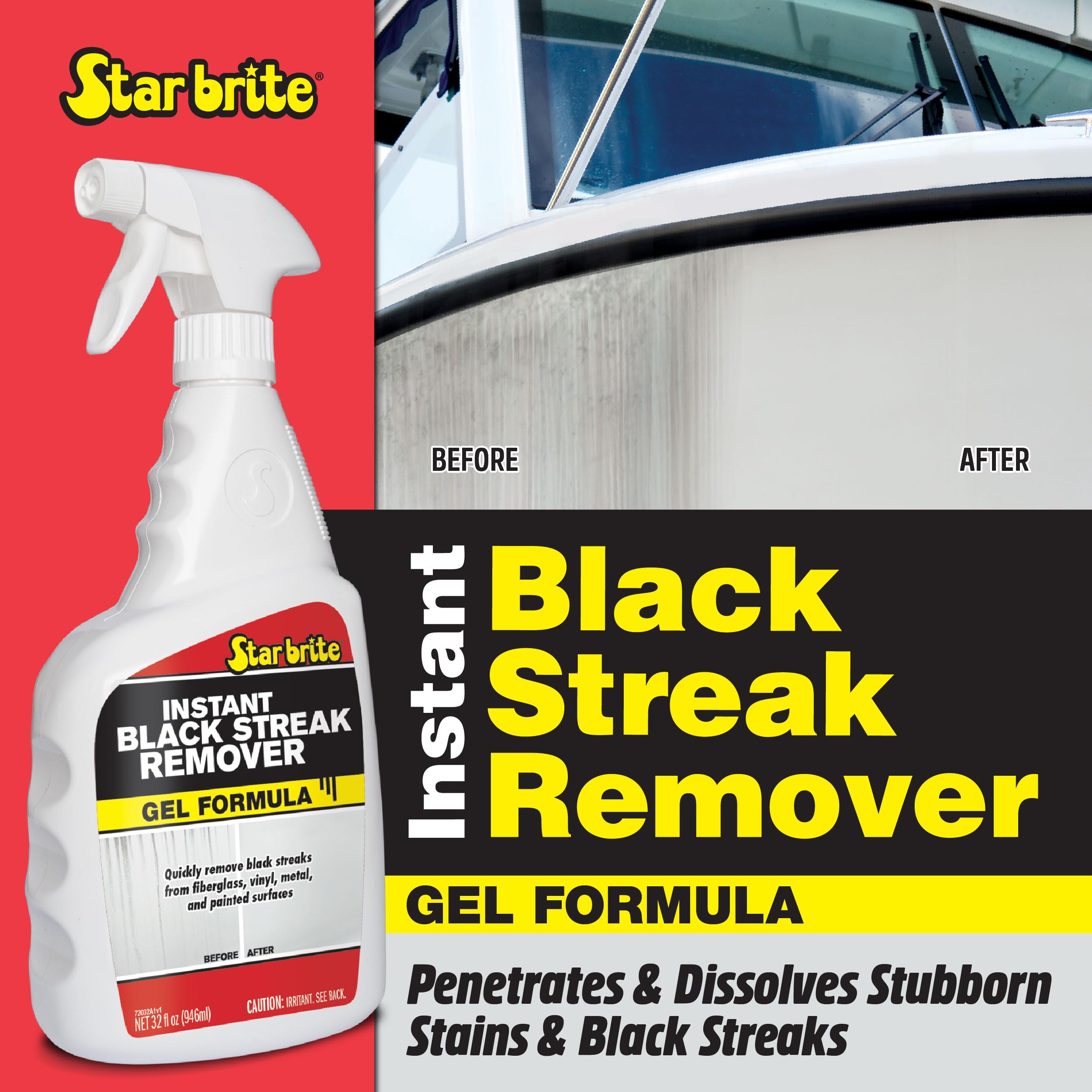 STAR BRITE being sprayed on a boat hull to remove black streaks efficiently