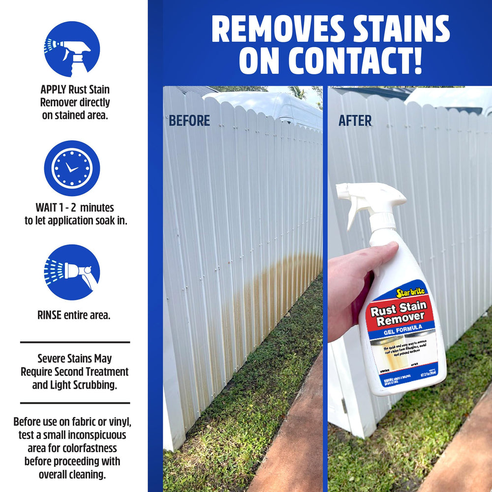 STAR BRITE before and after on fiberglass panel showing noticeable rust stain removal