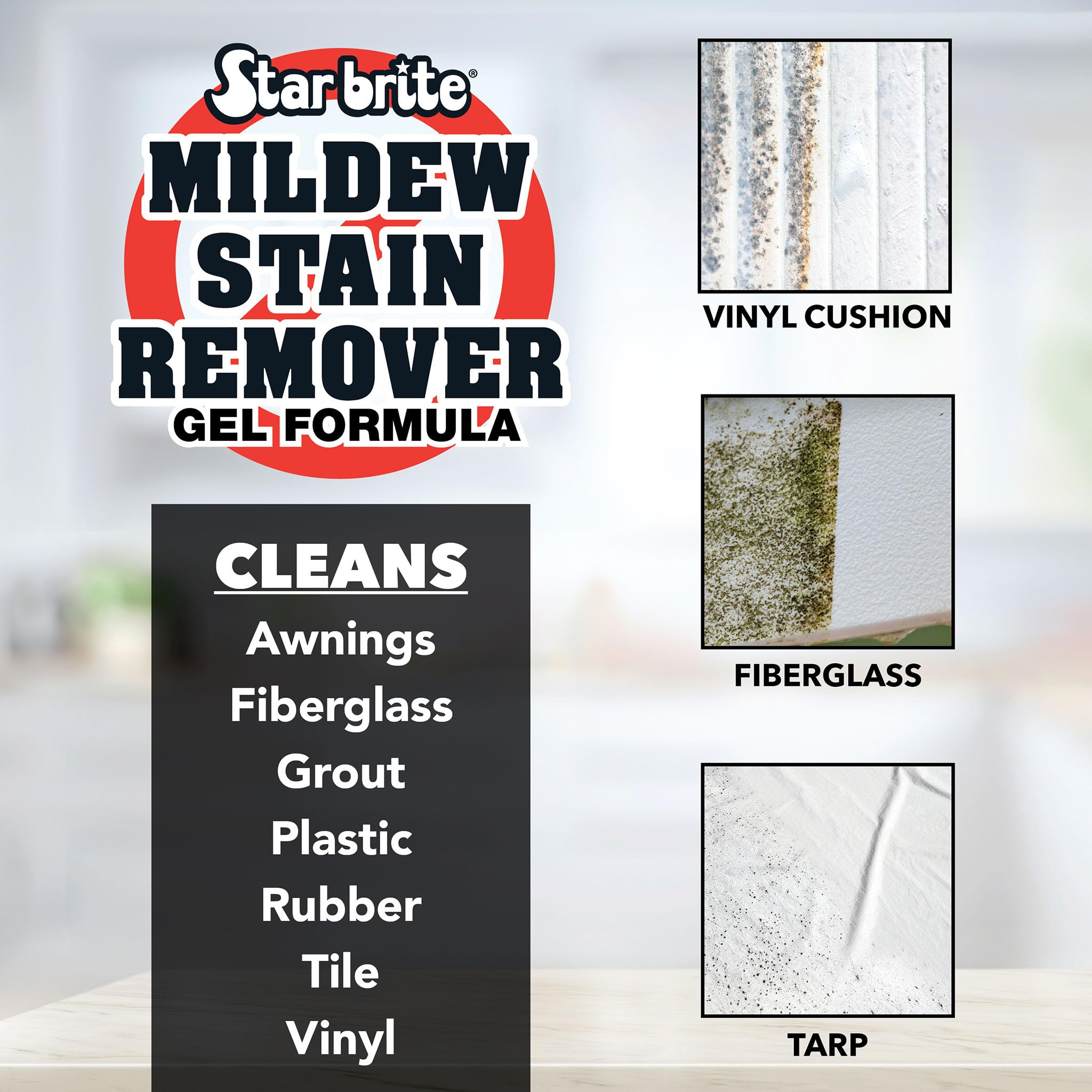 STAR BRITE before and after tile image highlighting visible mildew stain removal and restoration
