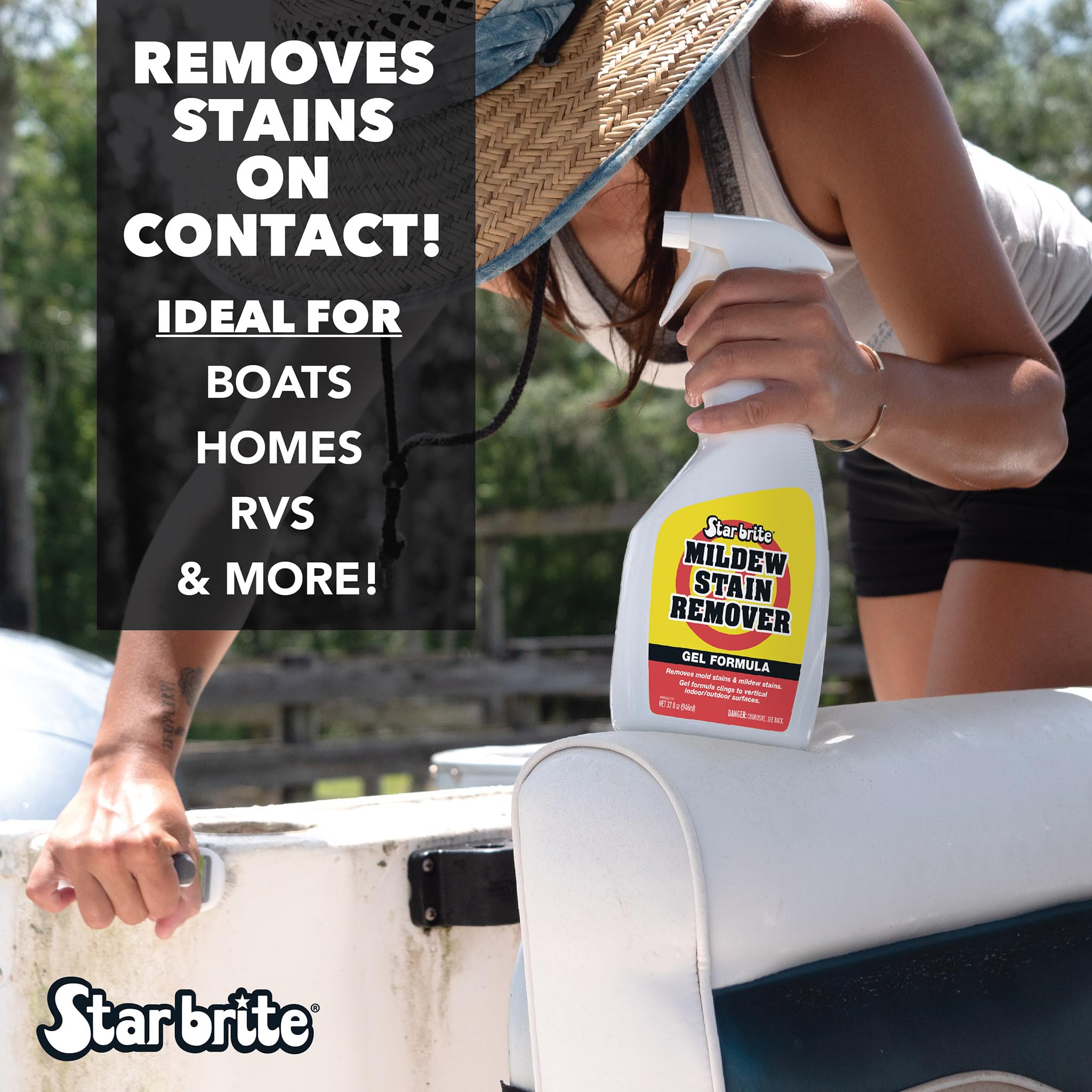 STAR BRITE gel applied to a boat canopy illustrating mildew removal and easy outdoor use