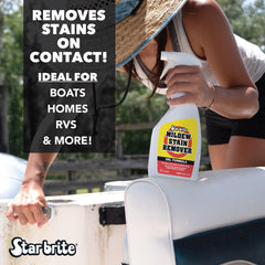 STAR BRITE gel applied to a boat canopy illustrating mildew removal and easy outdoor use
