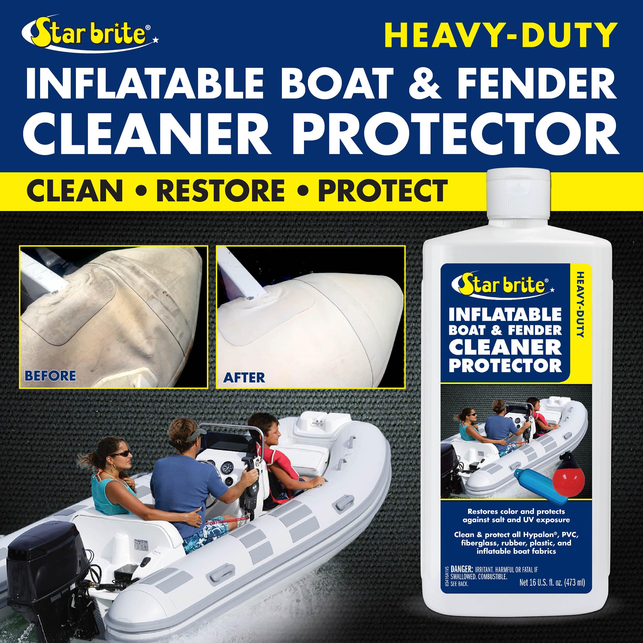 STAR BRITE product on docked inflatable boat showing protection and fresh appearance