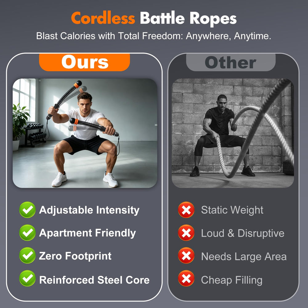 STARIFC cordless battle ropes in use during a home HIIT session, quiet operation