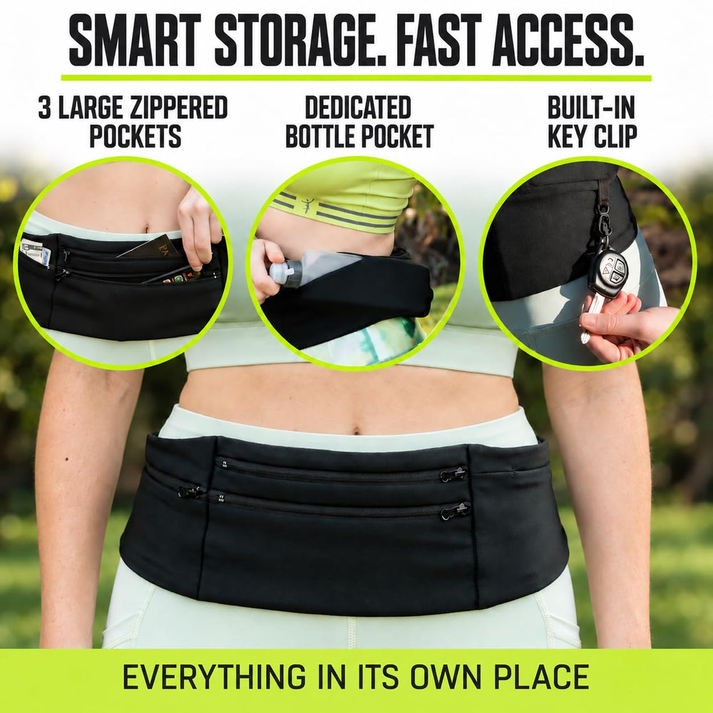 StashBandz center pocket close-up with phone fitted, protecting device during activity