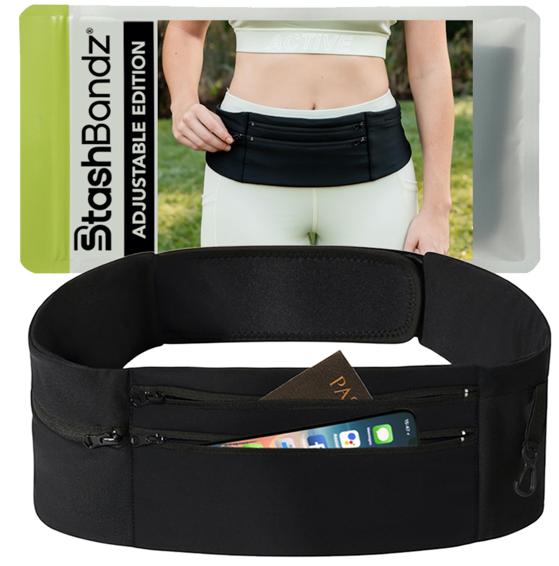 StashBandz front view showing three zippered pockets and bottle holder for secure storage