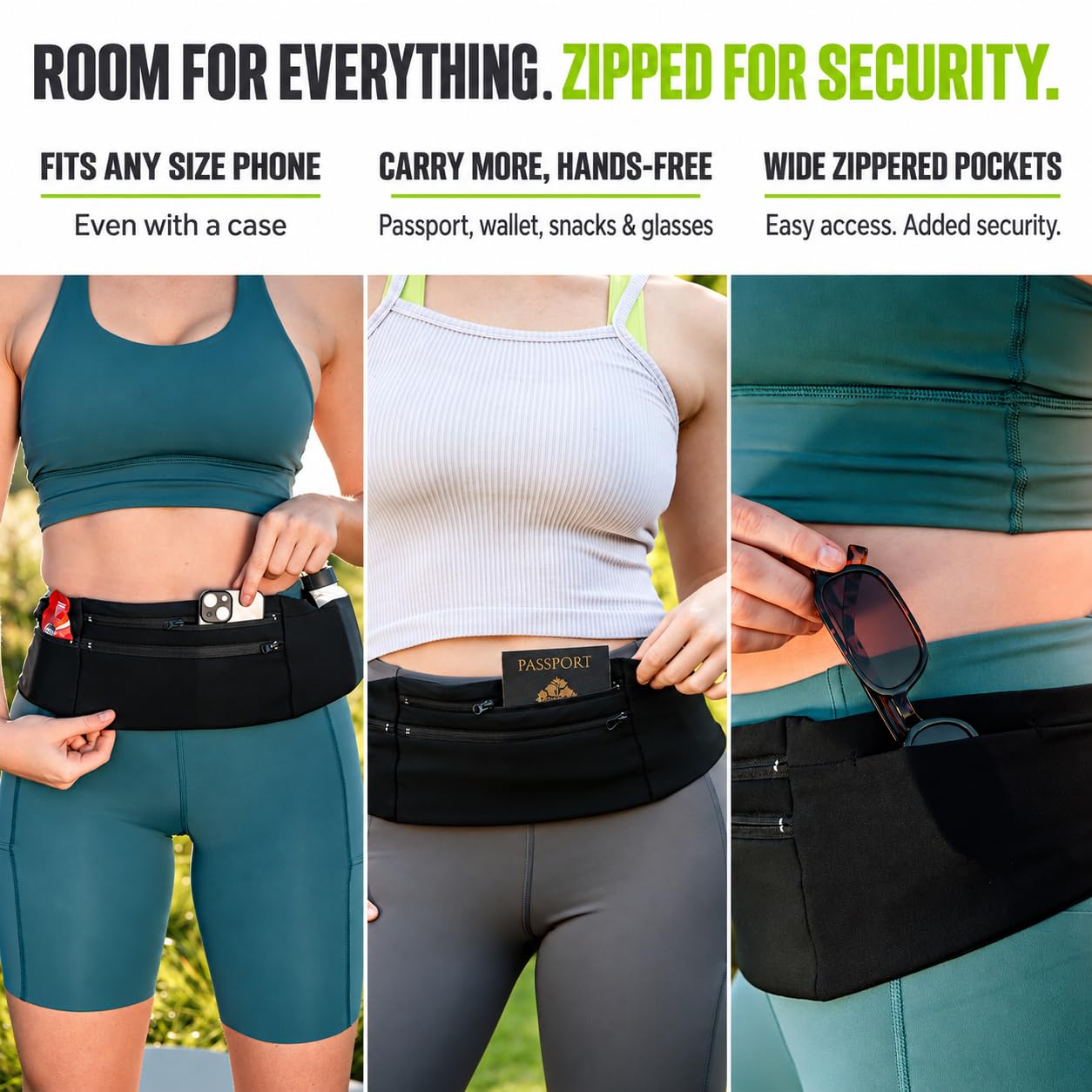 StashBandz elastic side bottle pocket holding a soft flask for hands-free hydration