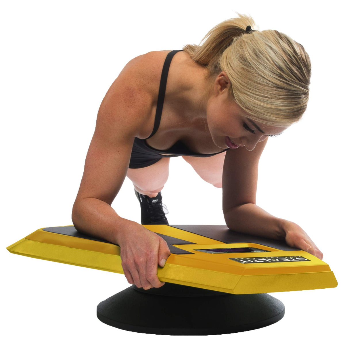 Stealth Fitness yellow trainer front view showing compact game-ready design for quick core sessions