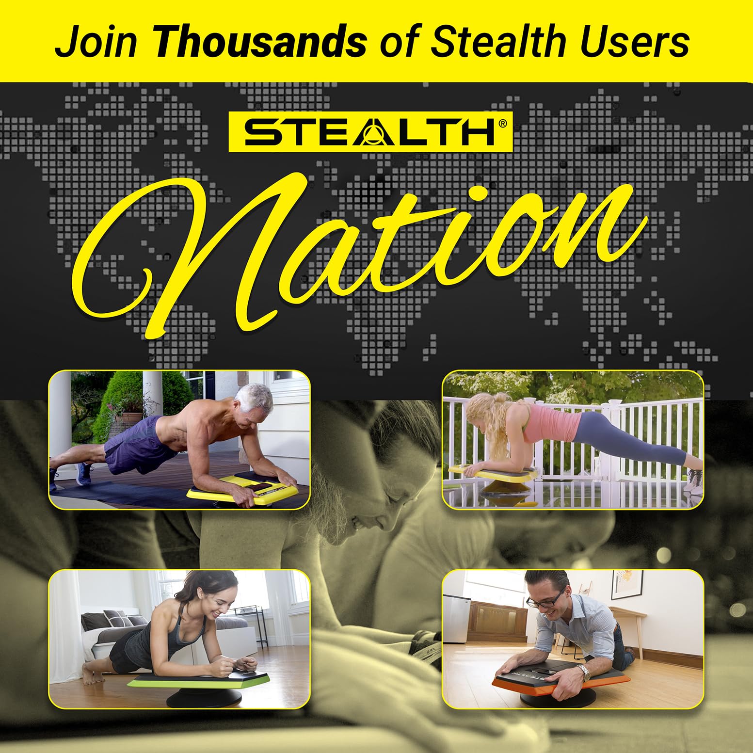Unboxed Stealth Fitness trainer with phone, quick-start guide and included accessories displayed