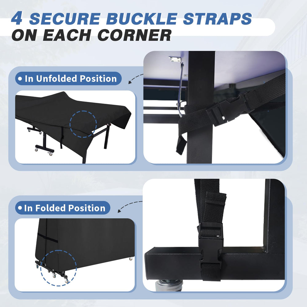 STEECA corner strap anchored to table leg preventing wind lift and loss