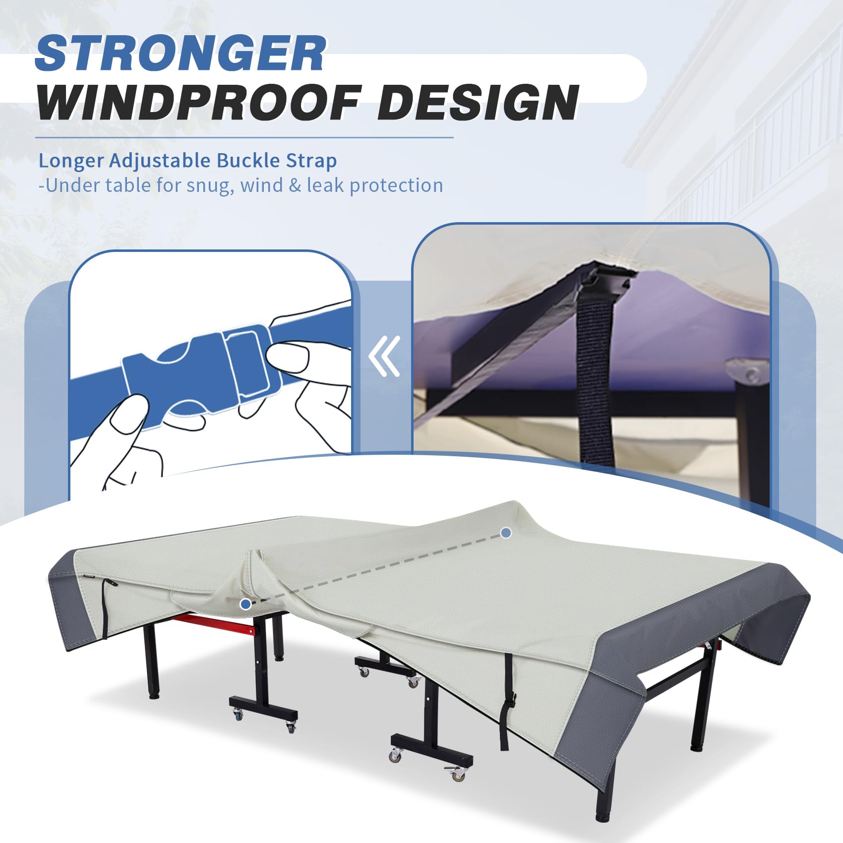 STEECA corner strap wrapped around table leg to stop cover blowing off in wind