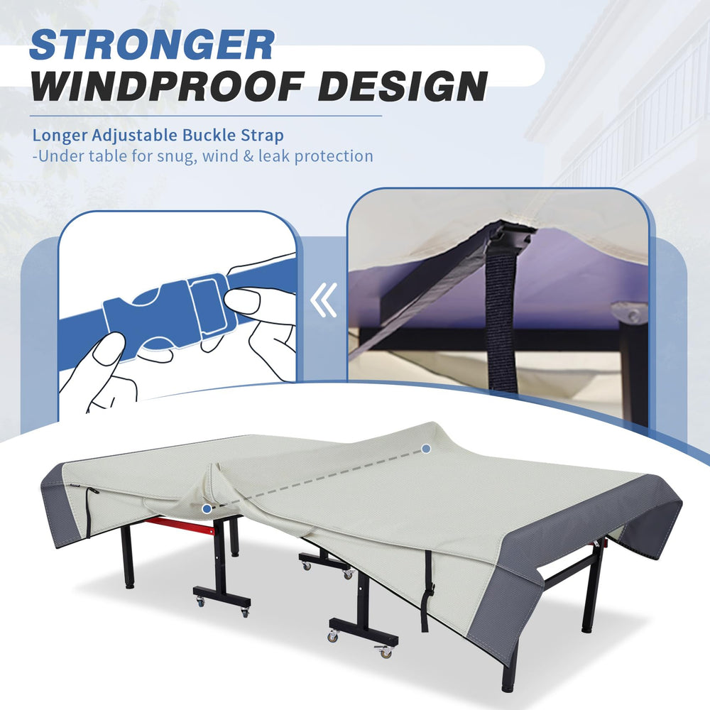 STEECA corner strap wrapped around table leg to stop cover blowing off in wind