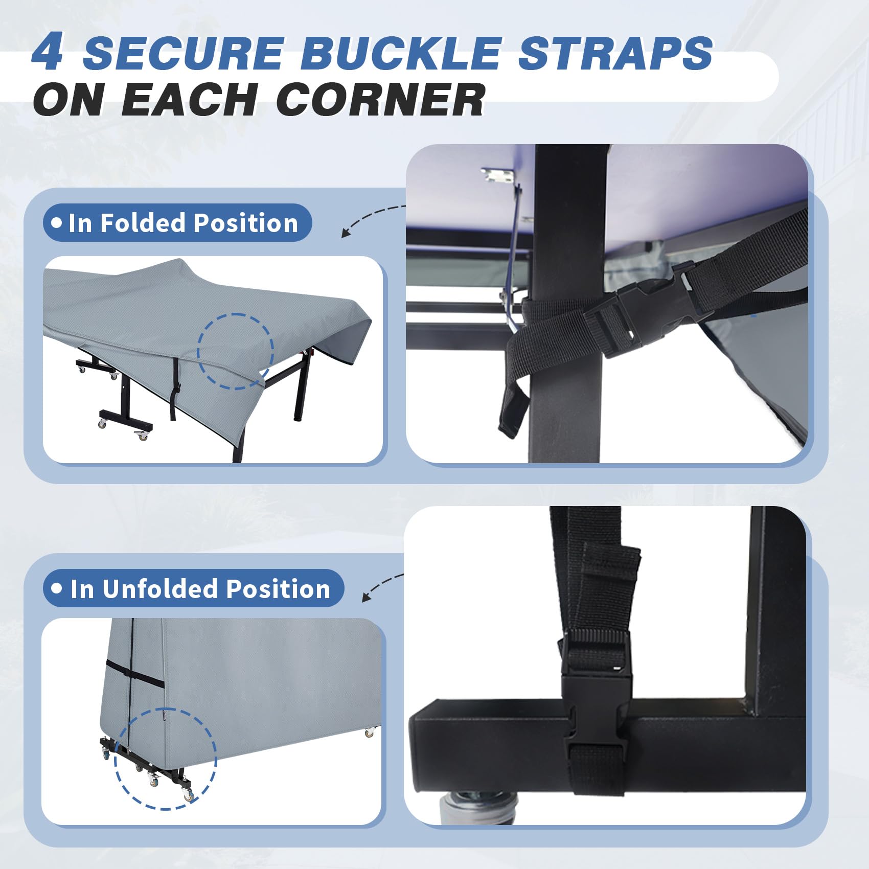 STEECA cover on folded table illustrating adaptable fit for folded storage convenience