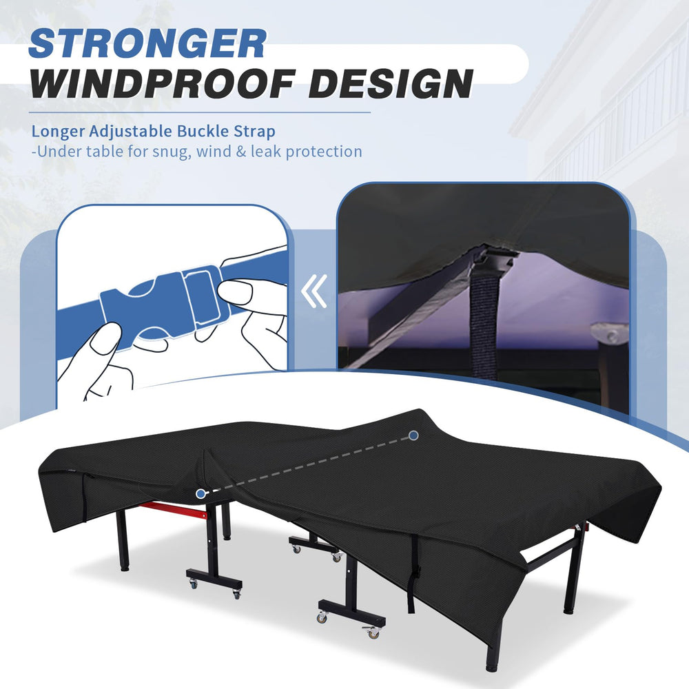 STEECA cover fitted over folded ping pong table showing compact storage