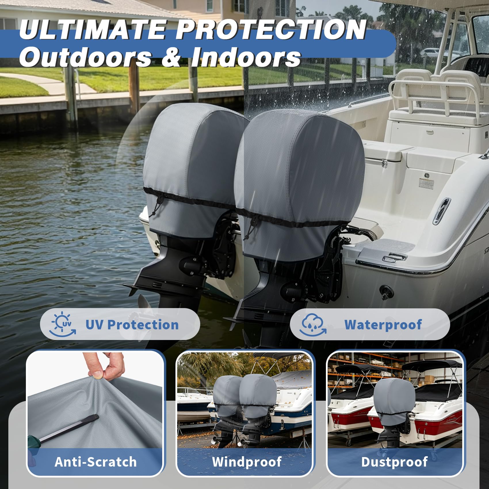 STEECA adjustable buckle strap attached to stern rail preventing blow-off