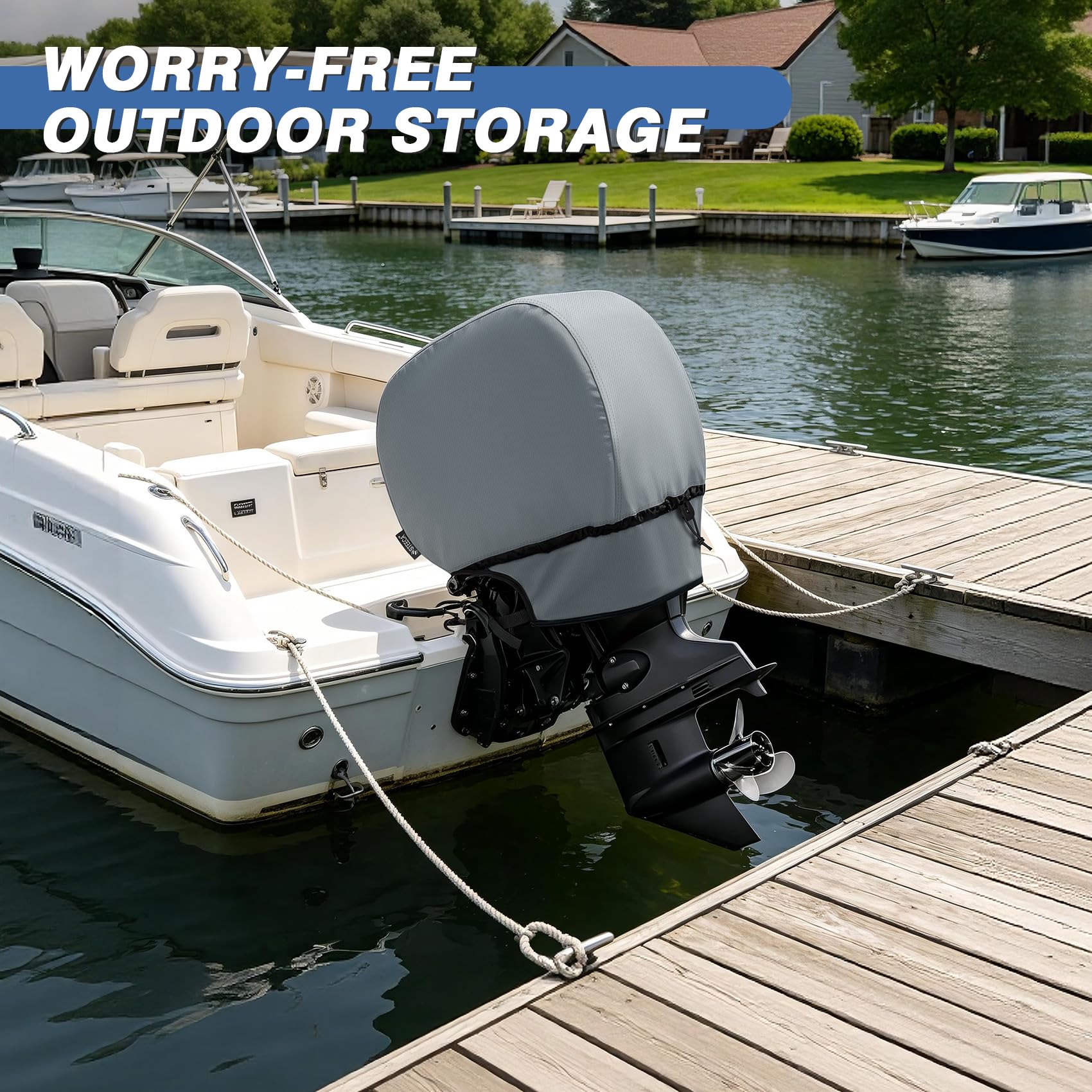 STEECA cover installed on outboard motor demonstrating on-boat protection