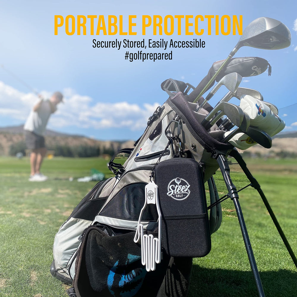 Steez Golf size comparison with phone and tees demonstrating compact capacity
