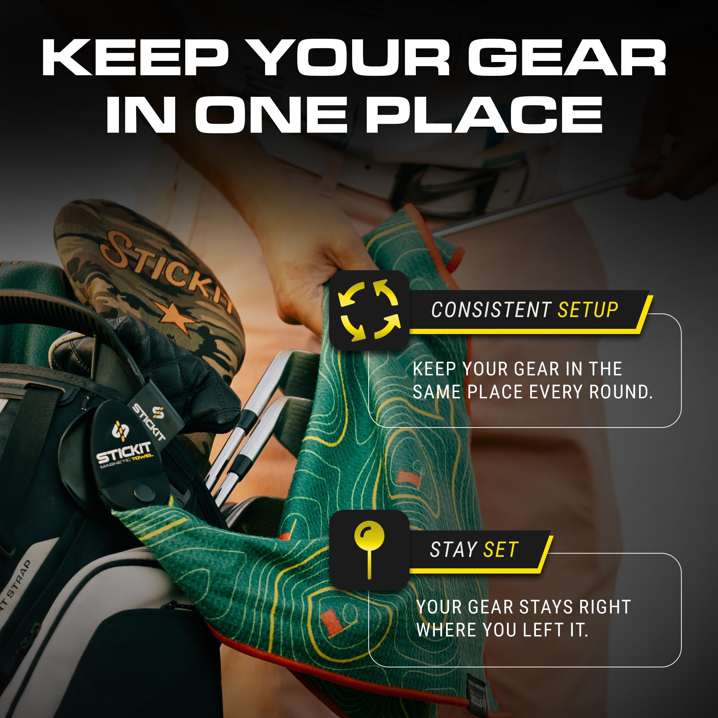 STICKIT holding towel and rangefinder showing secure multi-accessory placement advantage
