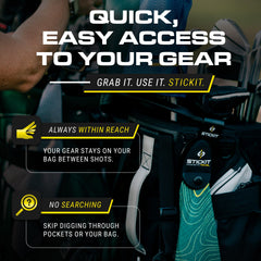 STICKIT mounted on a cart bag demonstrating universal fit and no-tool installation benefit