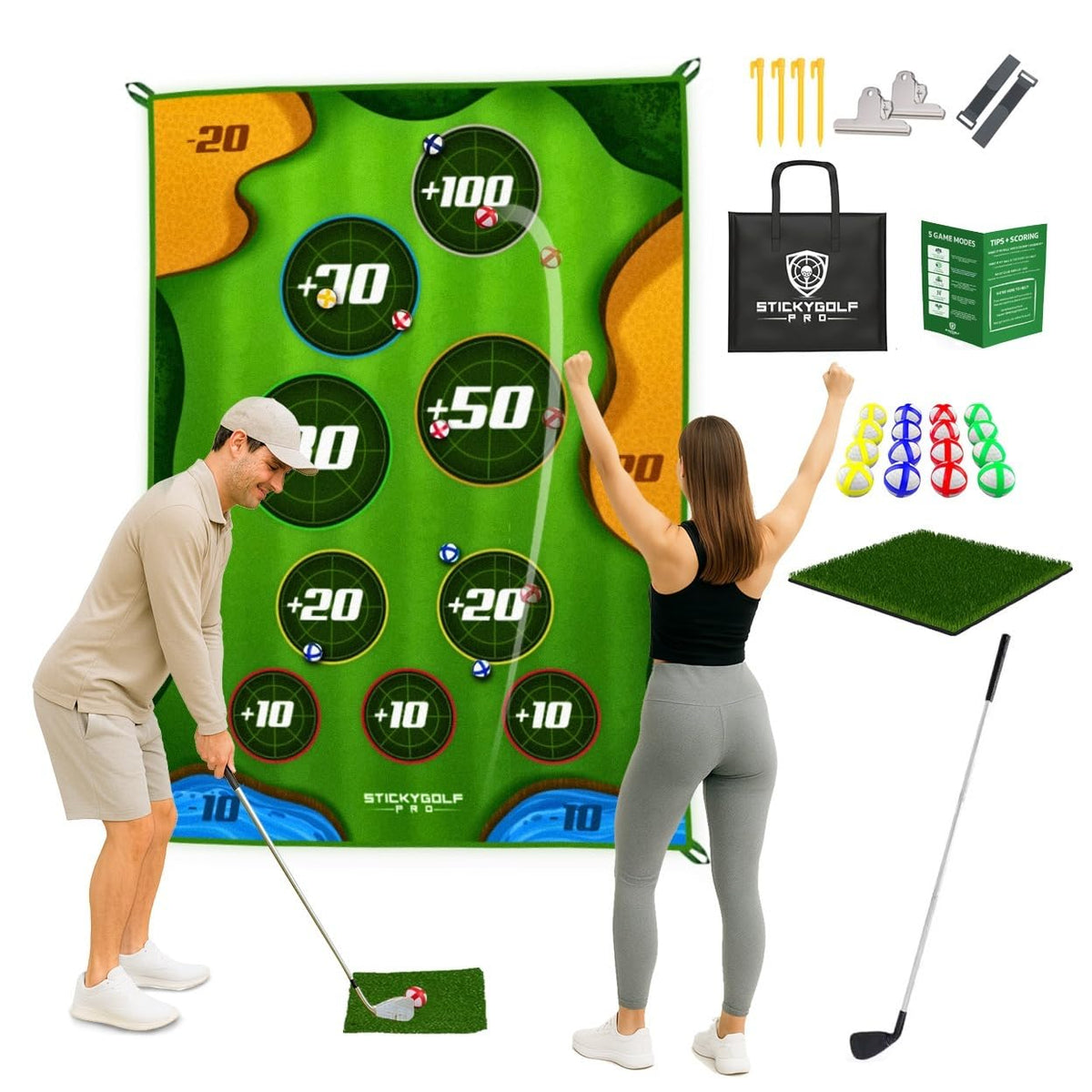 StickyGolf Pro front packaging showing included components and portability benefit