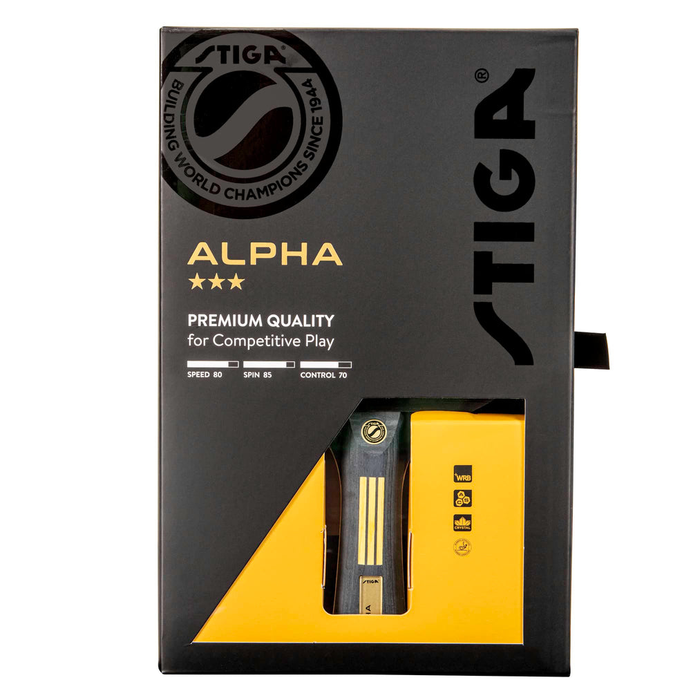 STIGA Alpha packaging and label showing ITTF approval and specs benefit