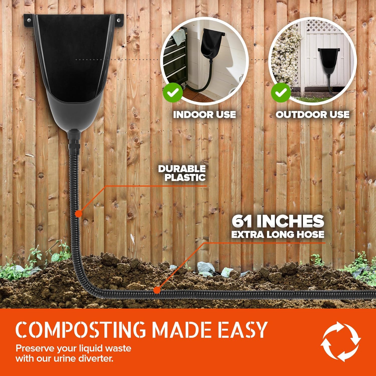 Stock Your Home hose leading to a bucket demonstrating clean hands-free collection
