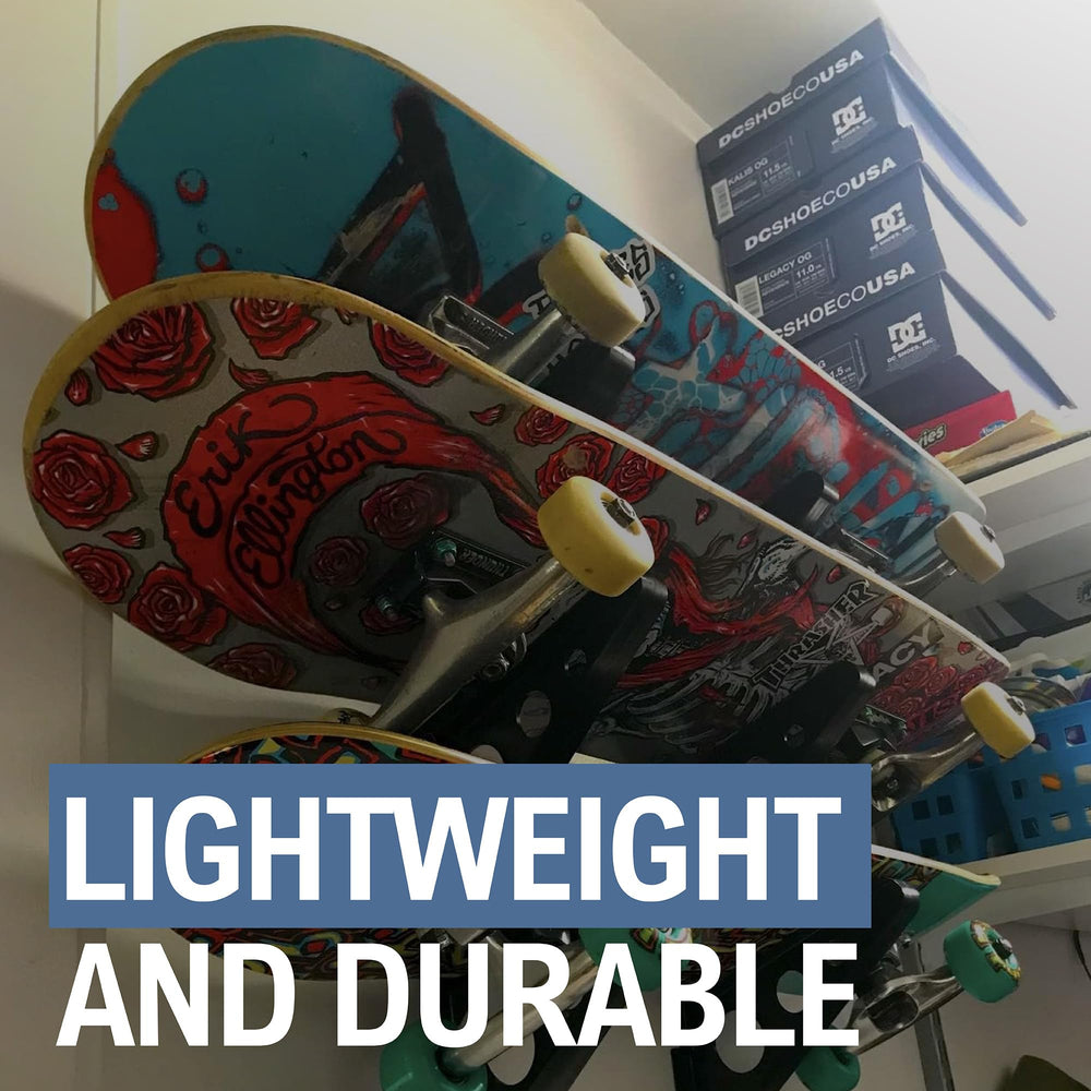 StoreYourBoard holding a longboard and street deck demonstrating versatile fit for mixed boards