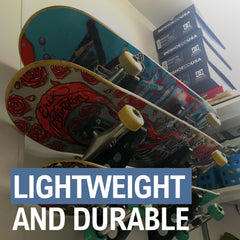 StoreYourBoard holding a longboard and street deck demonstrating versatile fit for mixed boards