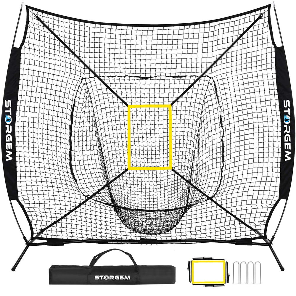 Storgem front view of 7x7 net showing full frame and catch pocket for efficient practice