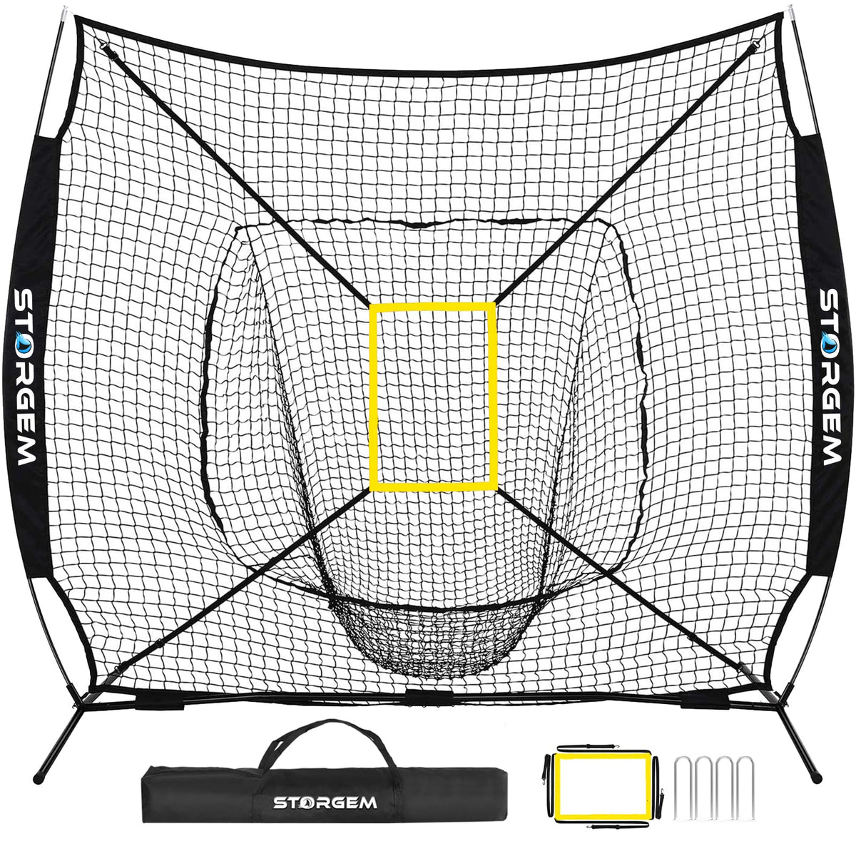 Storgem front view of 7x7 net showing full frame and catch pocket for efficient practice