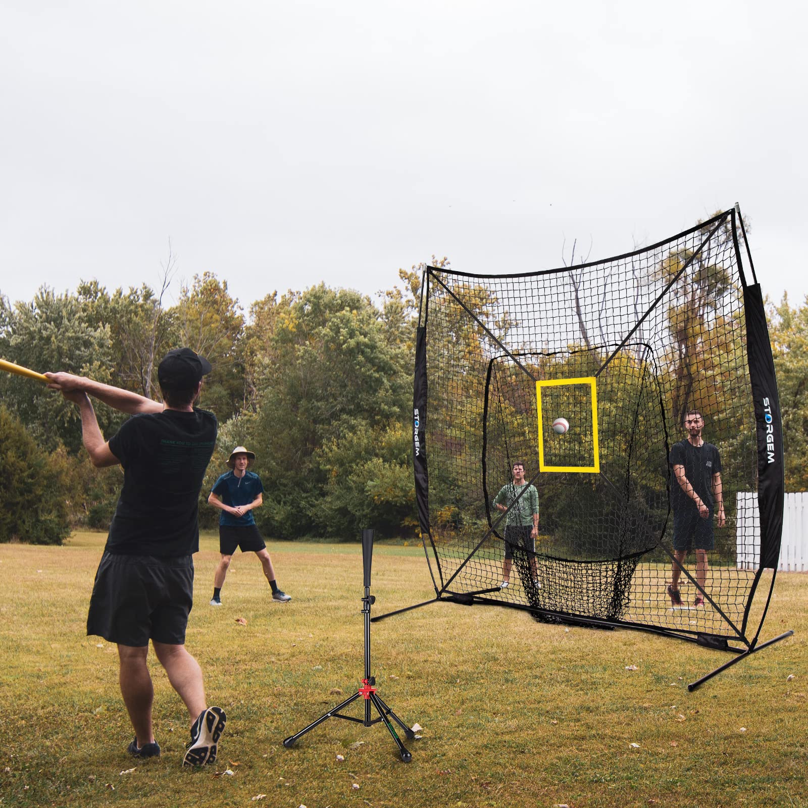 Storgem player hitting into net in backyard showcasing portable solo batting practice