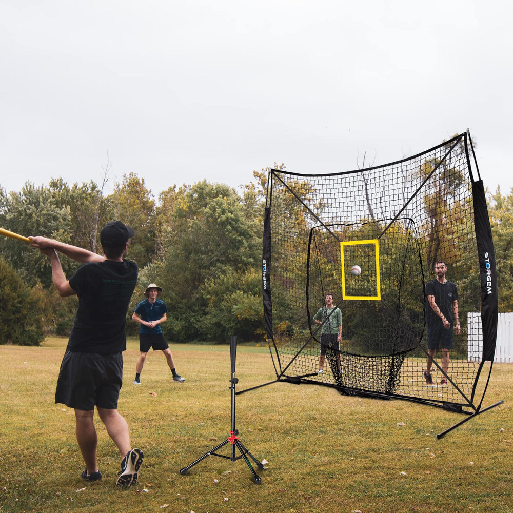 Storgem player hitting into net in backyard showcasing portable solo batting practice