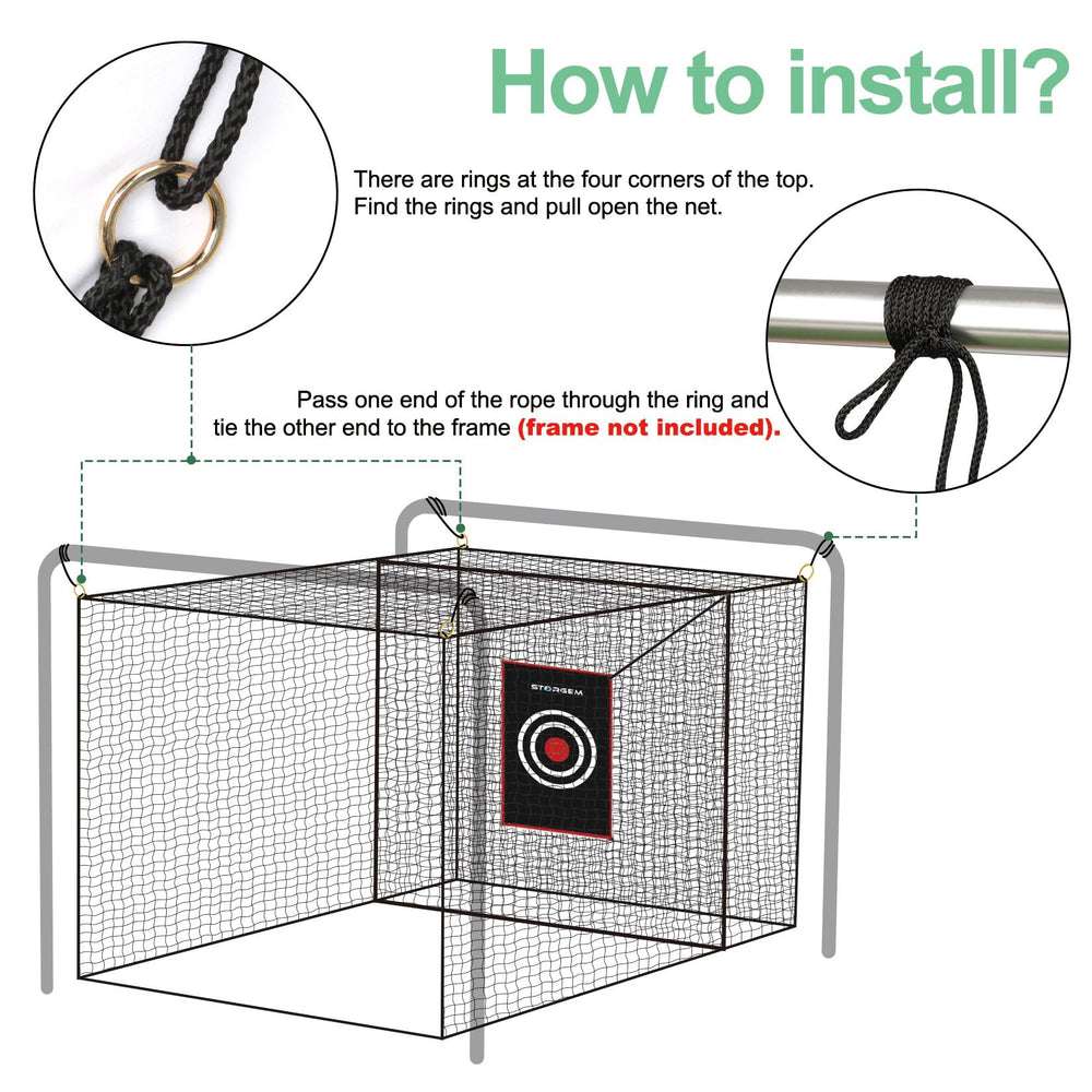 Storgem batting cage net installed on pole frame in backyard practice space
