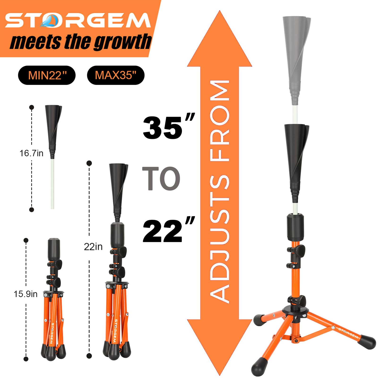 Storgem tee height adjustment detail demonstrating 22 to 35 inch range for fit