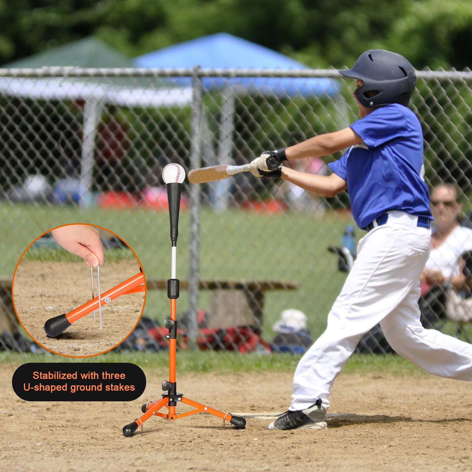 Storgem tee size comparison with baseball showing scale and suitable hitting height