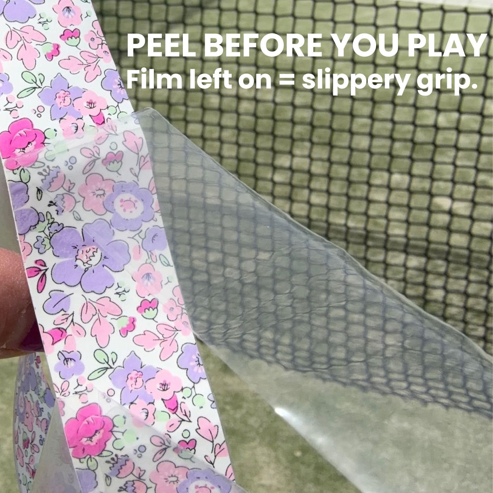 Strawberries and Cream overgrips wrapped on racket handle offering cushioned comfort
