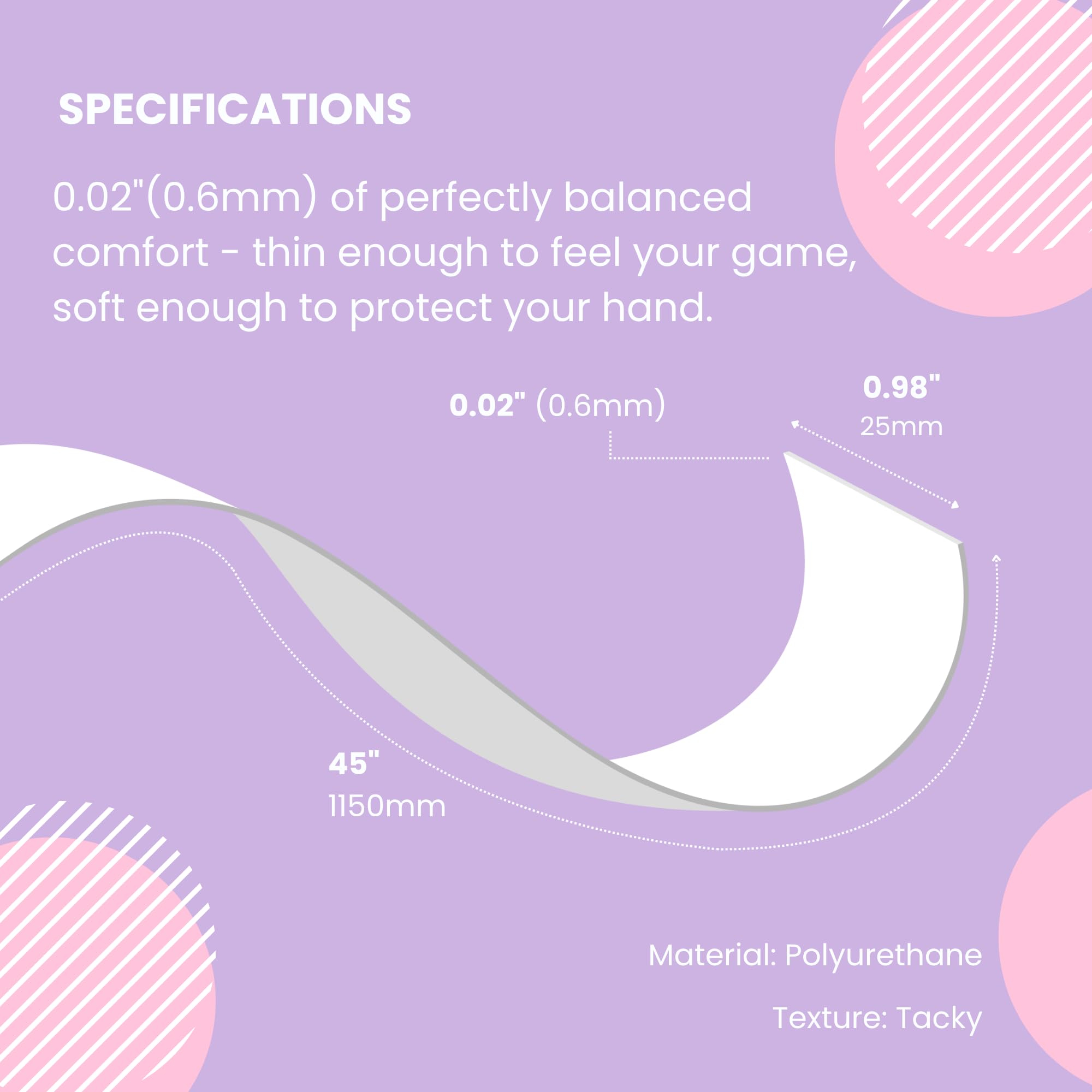 Strawberries and Cream overgrip beside ruler showing 25mm width and 1150mm length