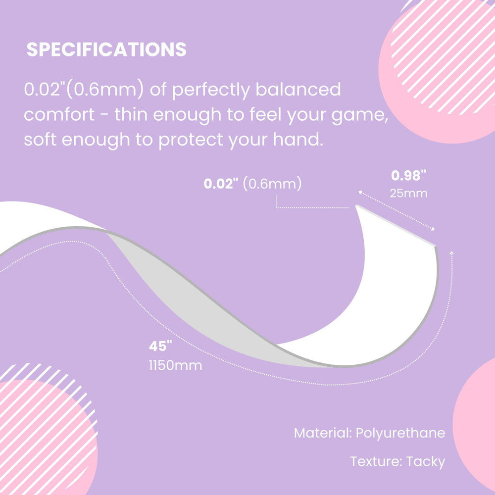 Strawberries and Cream overgrip beside ruler showing 25mm width and 1150mm length