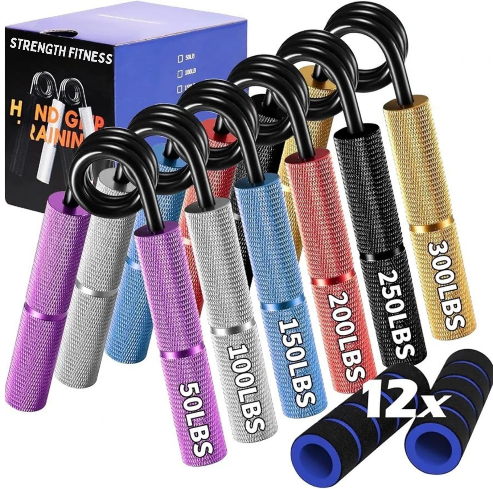 Strength Fitness front packaging showing six adjustable grippers and clear resistance labels for starter benefit