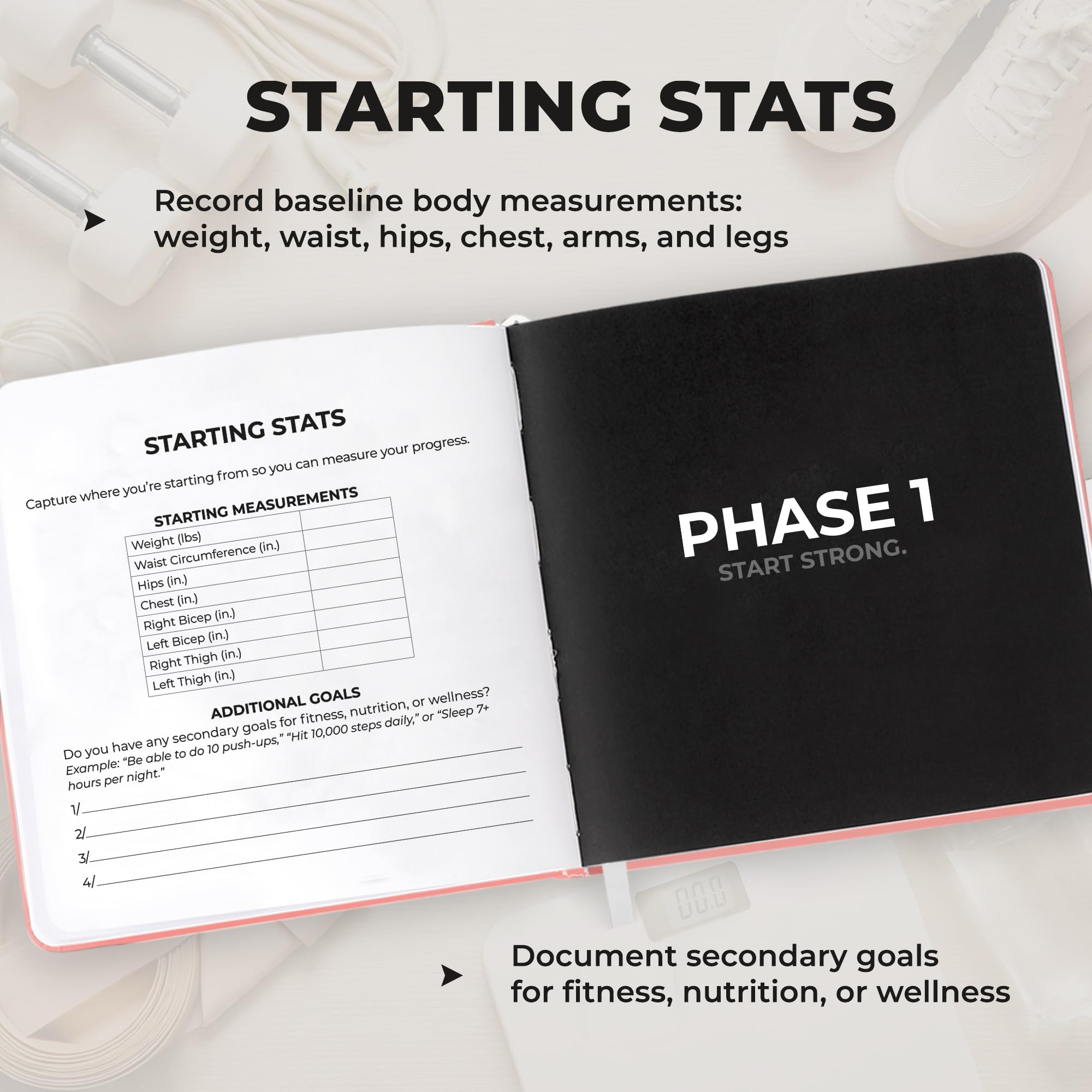 Structurewell journal open on gym bench showing easy workout logging