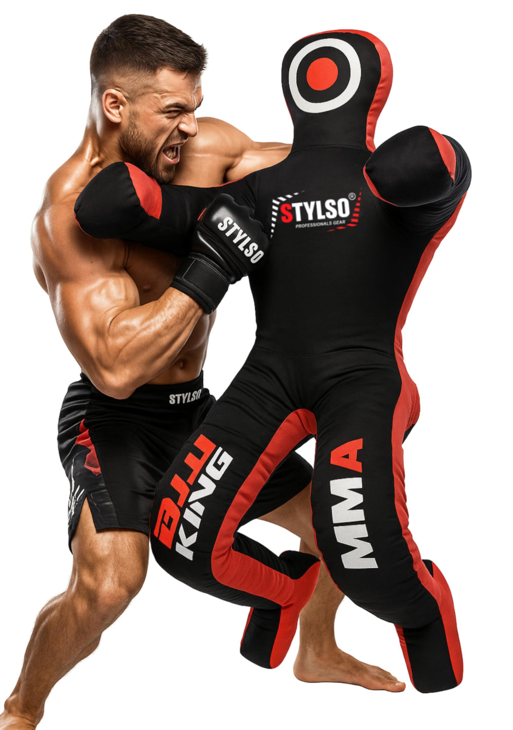 Stylso front view of 6ft grappling dummy showing human-like shape and durability