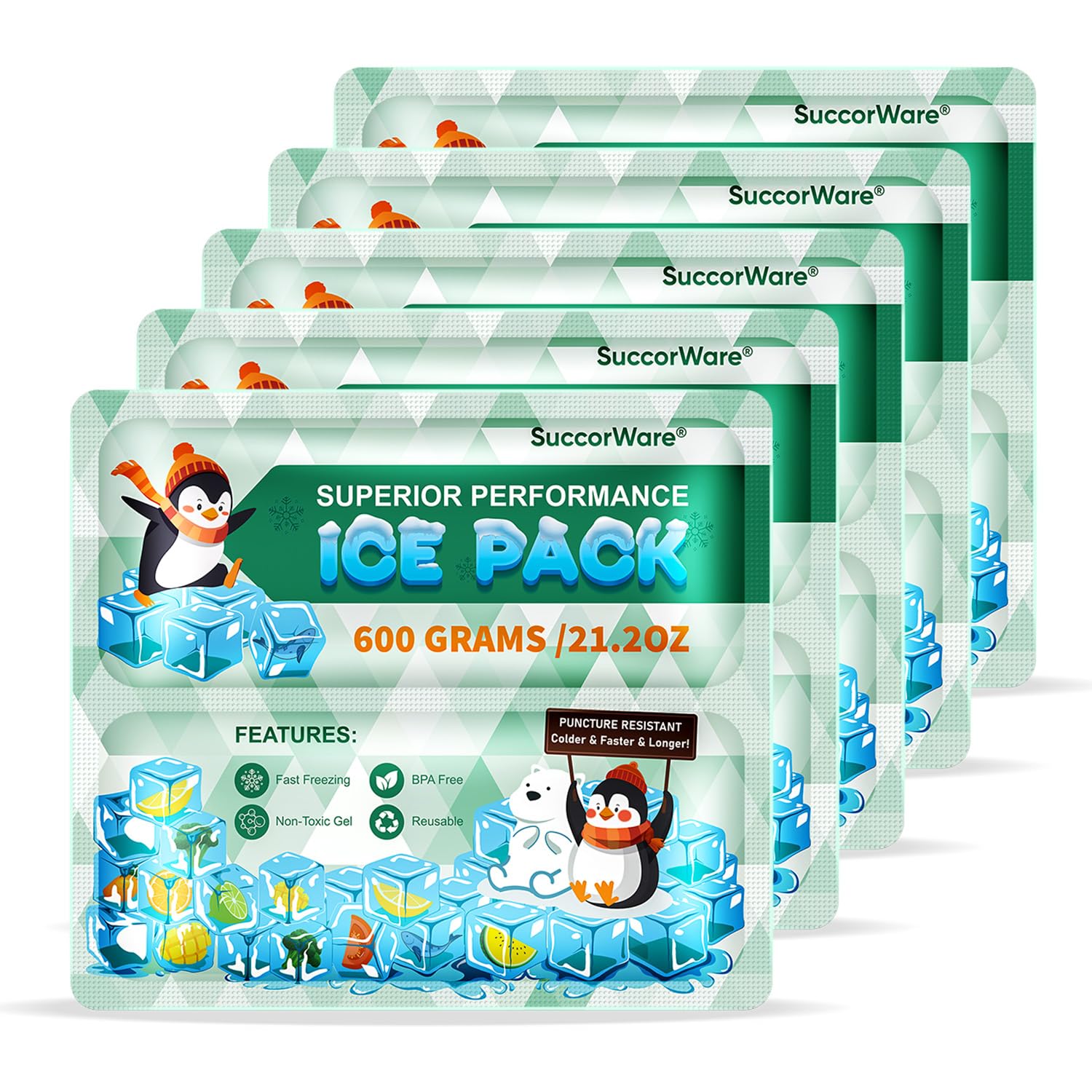 SuccorWare front view of 5-pack ice packs showing brand and quick cooling benefit