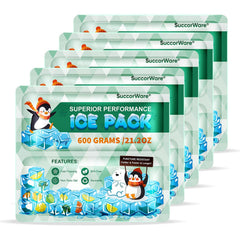 SuccorWare front view of 5-pack ice packs showing brand and quick cooling benefit