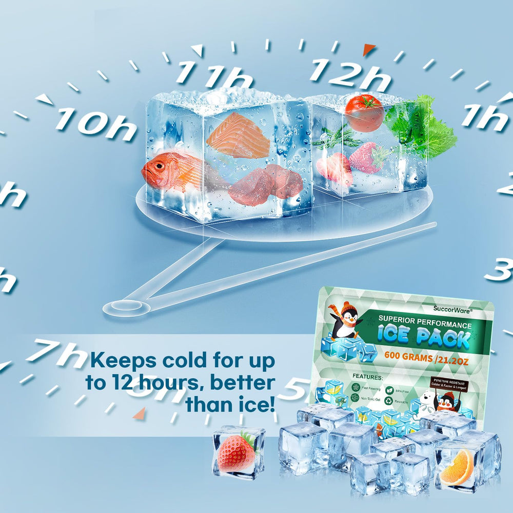 SuccorWare ice packs beside beverage bottles keeping drinks cold outdoors