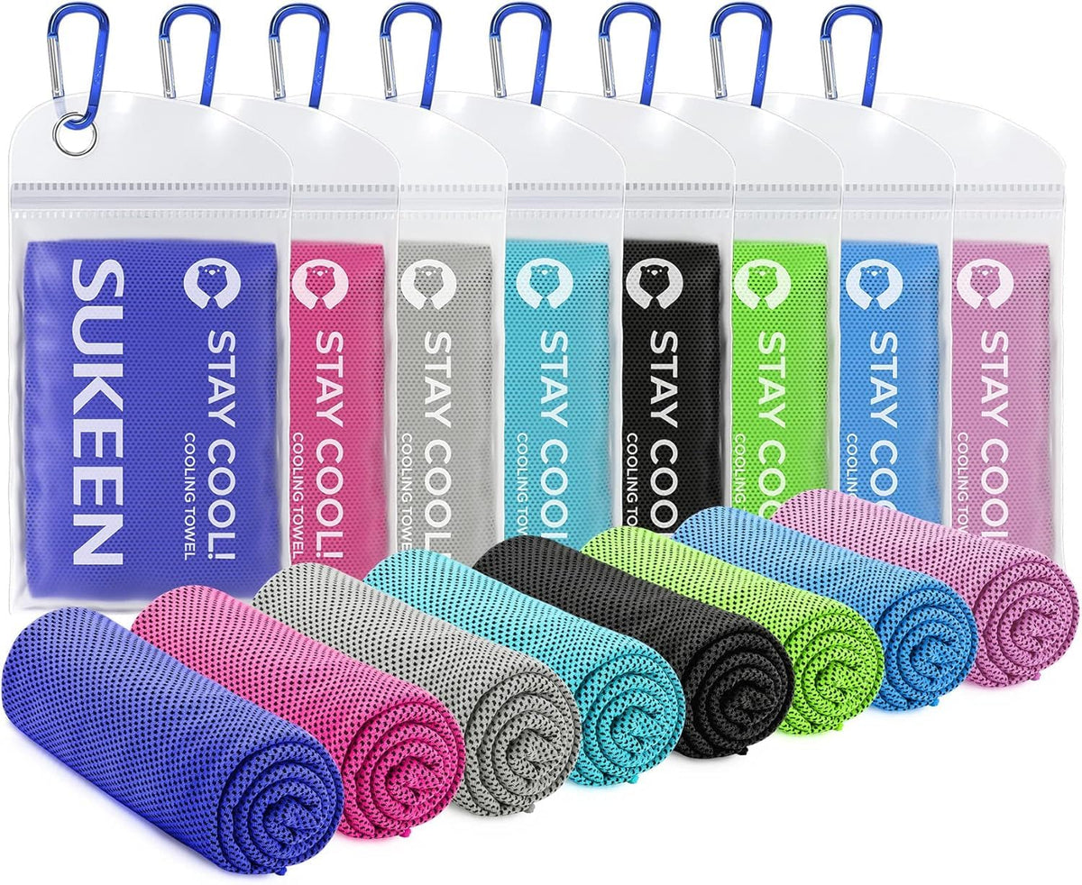 Sukeen front packaging showing eight cooling towels and included accessories