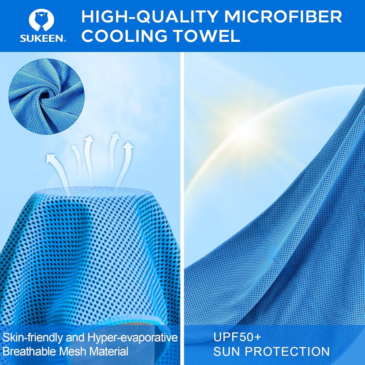 Sukeen towel worn by hiker showing on-the-go cooling and sweat control