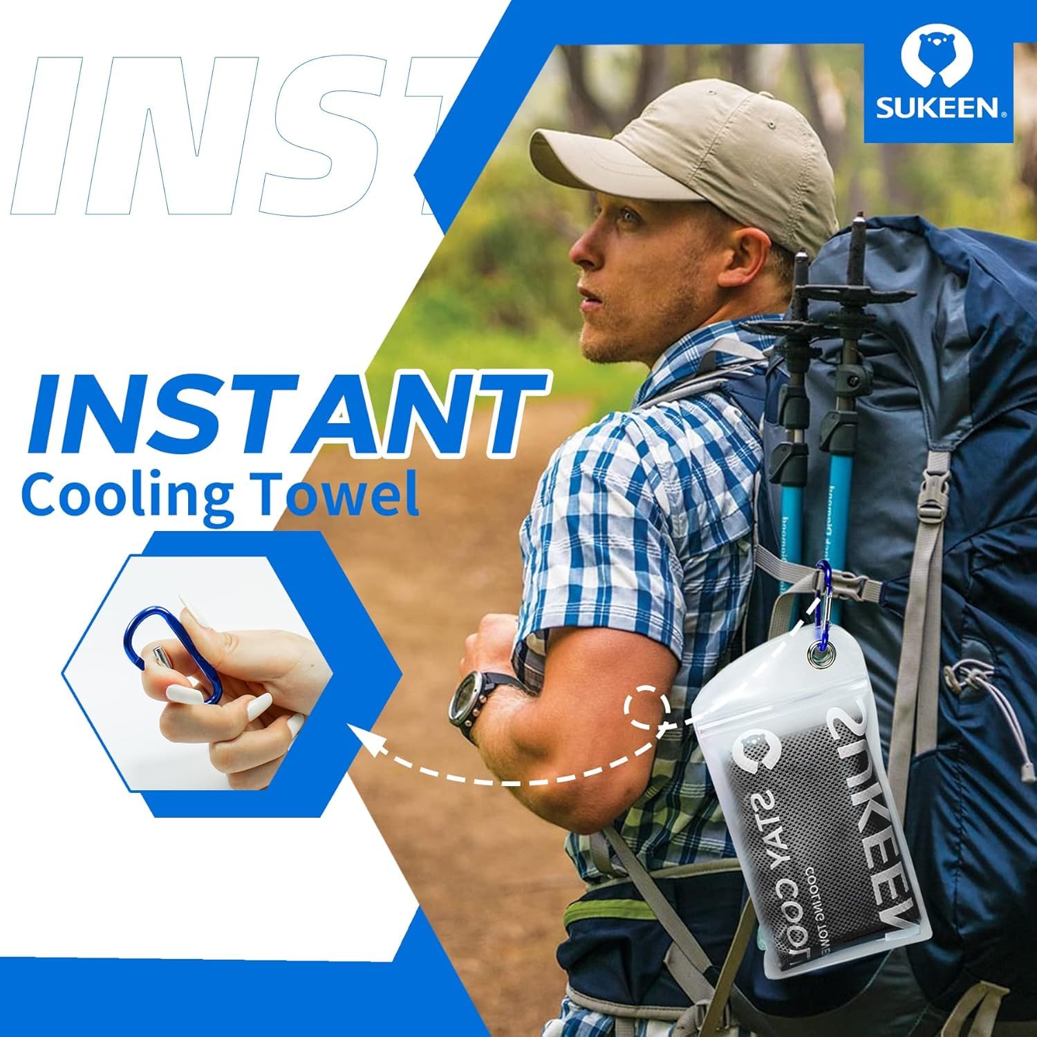 Sukeen towel next to a water bottle to show real-life size and portability