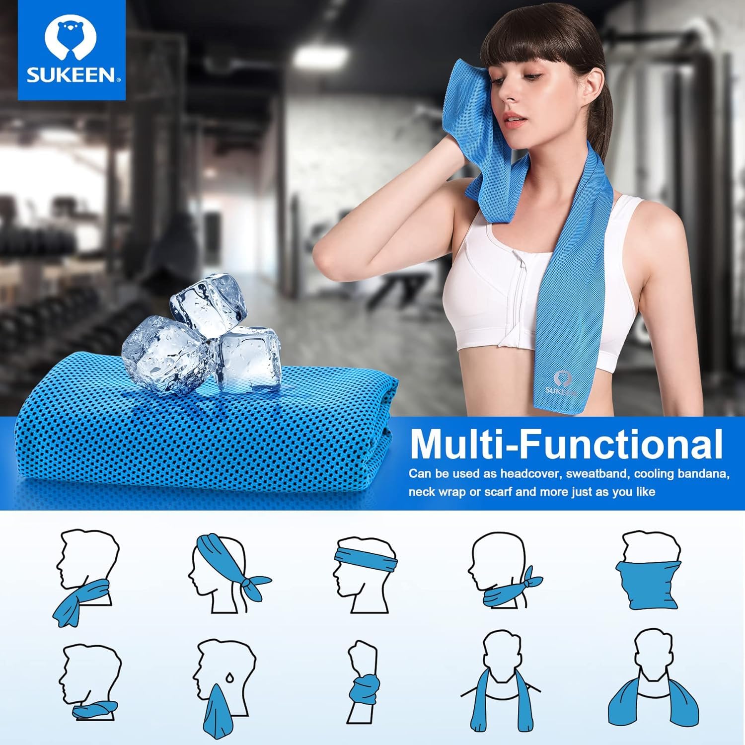 Sukeen towel draped over shoulders offering UV-resistant cooling comfort