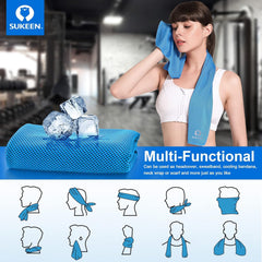Sukeen towel draped over shoulders offering UV-resistant cooling comfort
