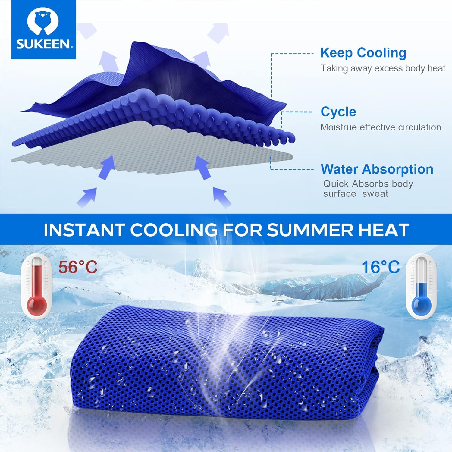 Sukeen towel laid flat displaying full 40 by 12 inch size and breathability
