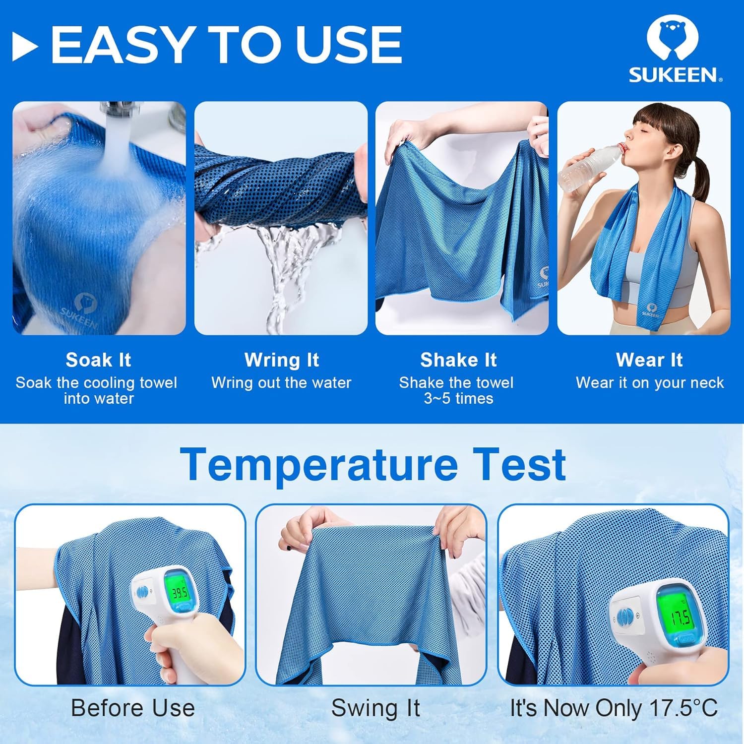 Sukeen towel wrapped around neck to cool and wick sweat during exercise
